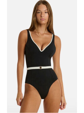 Sea Level Swim Black & White Belted Plunge One-Piece Swimsuit US 10 new!